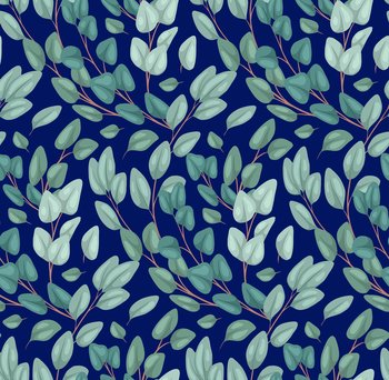 Seamless pattern of branches and foliage of eucalyptus on a dark blue background. Natural background. Vector texture for fabrics, wrappers, wallpapers and your creativity.. Seamless pattern of branches and foliage of eucalyptus on a dark blue background. Natural background. Vector texture