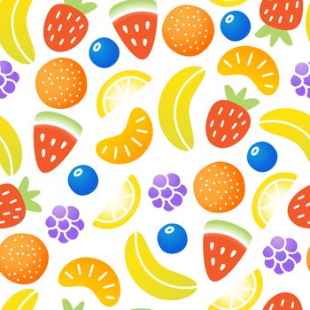 Surface pattern design for textile prints, wallpapers, wrapping, web backgrounds and other pattern fills. Vector seamless pattern with bright and sweet fruit candies on white background