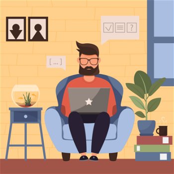 Man working remotely from home. Vector illustration.