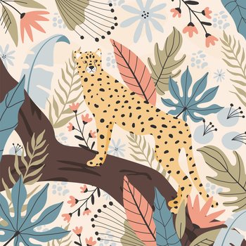 Tropical cheetah background, hand drawn illustrations.
