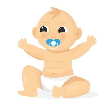 The baby newborn is sitting and sucking a pacifier. Cartoon baby is wearing a diaper. Happy infancy concept vector.. The baby is sitting and sucking a pacifier. Cartoon baby is wearing a diaper. Happy infancy concept vector.