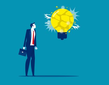 Business man with big light bulb explosive. Concept business idea vector illustration. Frightened 

