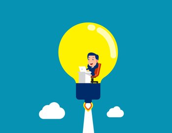 Working inside of light bulb. Generating the great idea and fresh startup. Cute flat cartoon vector design