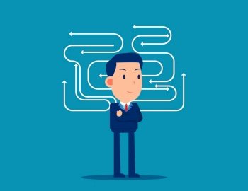 Business direction with confused thoughts. Business brainstorming concept. Cute flat cartoon vector design