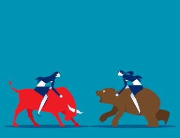 Business people with bull and bear market. Stock market and exchange