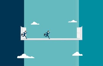 Businessmen run to new career opportunities. The new entrance in the future. Running and entering to new life. Leadership, Vision, Achieve, Change. Vector illustration flat
