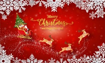 Christmas postcard banner of Santa Claus and reindeer with sleigh