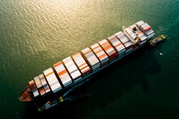Logistics and transportation of Container Cargo ship business Service import export international aerial top view 