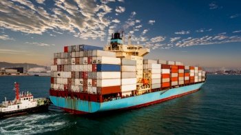  container cargo ship carrying commercial container in import export business commerce logistic and transportation of international by container ship at morning sunlight blue sky or international shipping port background 