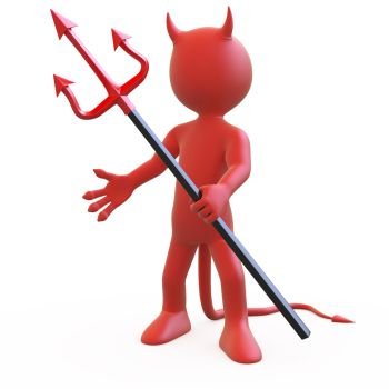 Devil posing threatening with his red and black trident. Rendered at high resolution on a white background with diffuse shadows.