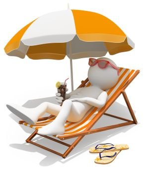 3d white person sunbathing on a lounger with a refreshing drink. Isolated white background.