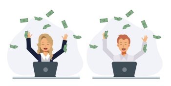 Set of happy man and happy woman making a lot of money on internet.  win the prize, get money concept. Flat vector 2d cartoon character illustration.