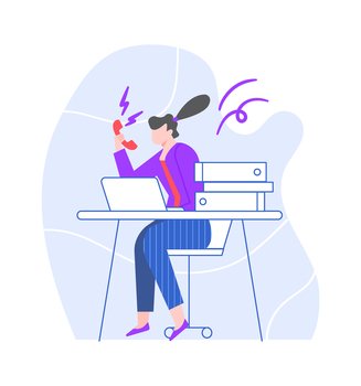 Stressful woman at workplace speak on phone. Woman stress telephone, problem speak by phone, vector female, at computer illustration. Stressful woman at workplace speak on phone