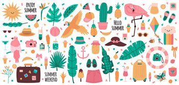 Summer elements. Vacation summertime drinks, fruits, palm leaves, flamingo, parrot and jungle flowers. Cute summer symbols vector illustration set. Exotic tropical palm and lemon, summer cocktail. Summer elements. Vacation summertime drinks, fruits, palm leaves, flamingo, parrot and jungle flowers. Cute summer symbols vector illustration set