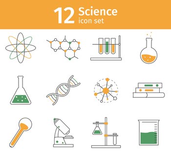 Line science icon set. Chemistry lab equipment as scientific glassware, molecule and dna model, microscope for experiment or research, books for education isolated elements on white. Line science icon set. Chemistry lab equipment as glassware. Molecule and dna model, microscope for experiment