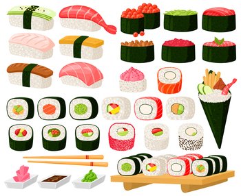 Cartoon asian cuisine rolls, sushi, sashimi dishes. Japanese oriental cuisine, seaweed, rice, fish and meat meals vector illustration set. Traditional sushi dishes in assortment with vegetables. Cartoon asian cuisine rolls, sushi, sashimi dishes. Japanese oriental cuisine, seaweed, rice, fish and meat meals vector illustration set. Traditional sushi dishes
