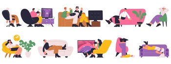 Characters sleeping, working, resting, watching tv on comfy sofas. People spending time, reading on couch vector illustration set. Women and men relaxing on comfy sofa. Character watching at computer. Characters sleeping, working, resting, watching tv on comfy sofas. People spending time, reading on couch vector illustration set. Women and men relaxing on comfy sofa