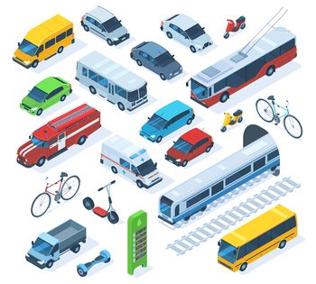 Isometric public city transport, scooter, bus, fire engine. Public municipal private cars, ambulance, truck and train vector illustration set. City transport. Illustration of car transport isometric. Isometric public city transport, scooter, bus, fire engine. Public municipal and private cars, ambulance, truck and train vector illustration set. City urban transport
