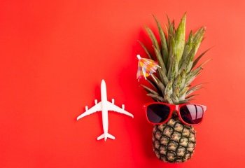 Celebrate Summer Pineapple Day Concept, Top view flat lay of funny fresh pineapple wear red sunglasses with model plane, isolated on red background, Holiday summertime in tropical
