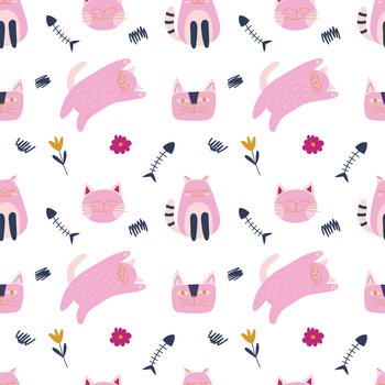 Childish seamless pattern with cat pink and blue color, fish and flowers in cartoon style. Vector trendy print. Cute baby fabric design. Funny character.. Childish seamless pattern with cat pink and blue color, fish and flowers in cartoon style.