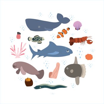 Design template with sea animal in circle for kid print. Round composition of marine animals, sperm whale, shark and manatees, fish, lobster. Vector set of underwater life in cartoon style.. Design template with sea animal in circle for kid print. Round composition of marine animals, sperm whale, shark and manatees, fish, lobster.
