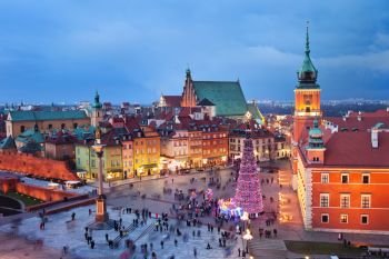 Beautiful Old Town of Warsaw in Poland illuminated at evening, during Christmas time.