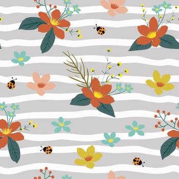 Christmas seamless pattern with floral and ladybug on strips background,vector illustration