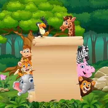 Animals with paper blank sign in forest