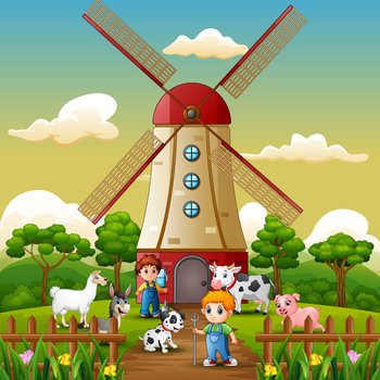 Two boy are working again in front of windmill background