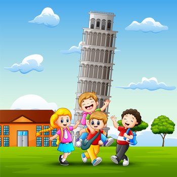 Cartoon happy kids in front of pisa tower background