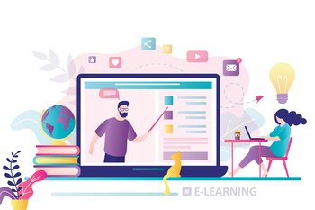 Online education concept banner. E-learning, home schooling. Woman student working on laptop. Teacher or vlogger on display. Web courses or tutorials concept. Education platform. Vector illustration