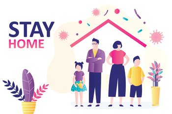 Stay home banner. Family at home, parents with kids. Quarantine or self-isolation. Health care concept. Fears of getting coronavirus. Global Covid-19 pandemic. Flat vector illustration