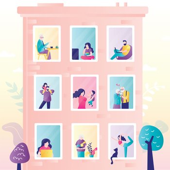 Authentic city building. Various people in windows. People stay at home. Urban view, weekend day concept banner. Different people in trendy style. Flat Vector illustration