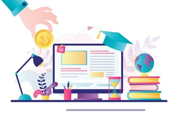 Workplace with modern computer and stacks of books. Hand holding gold coin. Investing in education. Knowledge,online courses. Investment banner, student loans, scholarships. Trendy vector illustration. Investing in education. Knowledge,online courses. Investment banner, student loans, scholarships. Trendy vector