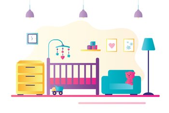 Newborn baby room interior. Crib, toys and accessories. Children bedroom. Background in trendy style, without people. Flat vector illustration. Newborn baby room interior. Crib, toys and accessories. Children bedroom. Background in trendy style, without people.