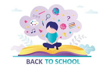 Schoolboy sitting on open book. Concept of back to school, education. Student boy thinks about stationery, supplies and learning. Horizontal web banner template in trendy style. Vector illustration. Schoolboy sitting on open book. Concept of back to school, education. Boy thinks about stationery, supplies and learning