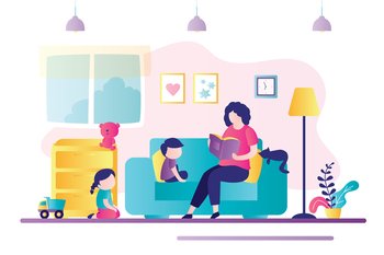 Nanny reading book for little children. Concept of home kindergarten and babysitting. Mother with kids in living room. Woman communicates with boy and girl. Cute interior design. Vector illustration. Nanny reading book for little children. Concept of home kindergarten and babysitting. Mother with kids in living room. Woman communicates with boy and girl