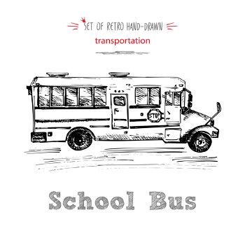 Hand drawn school bus symbol on white background. With text School bus. Vintage background. Good idea for chalkboard design. Vector illustration. Hand drawn school bus symbol on white background. With text School bus. Vintage background. Good idea for chalkboard design