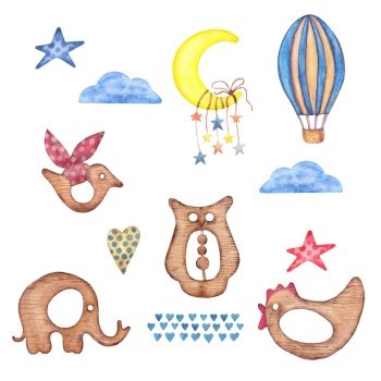Watercolor wooden baby toys clipart. Sun, moon, star, heart, bird, owl, whale, chick,. Nursery Hand-drawn Art Decor. Baby boy girl. Set Illustrations Isolated on white background.. Watercolor wooden baby toys clipart. Sun, moon, star, heart, bird, owl, whale, chick,. Nursery Hand-drawn Art Decor. Baby boy girl. Illustrations Isolated on white background.
