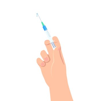 Hand holding medical syringe with medication vector illustration