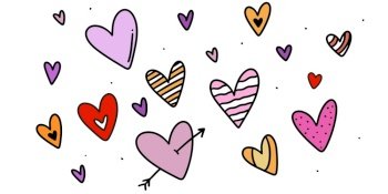 Heart icons in doodle style. Collection of heart shape in sketch. Hand drawn romantic set. Love symbol in cartoon style. Vector EPS 10