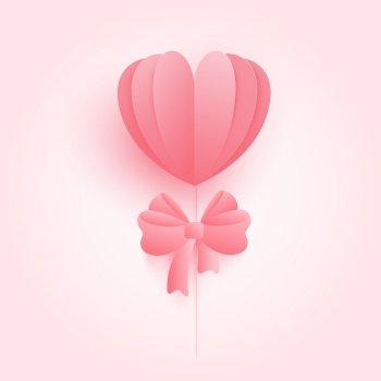 3D origami heart with pink ribbon Bow background. Love concept for happy mother’s day, valentine’s day, birthday day. vector paper art illustration.