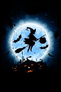 Halloween Background with Whitch and Pumpkin Grass and Bats. Halloween Background with Whitch and Pumpkin.