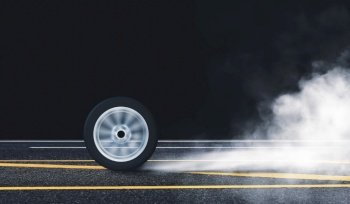 Car wheel burn rubber with spin circle motion on the asphalt road and white smoke at night