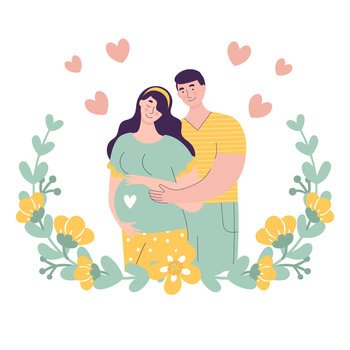 Beautiful young couple expecting a baby. Pregnant woman with a man. Happy family concept, successful pregnancy, pregnancy planning. Vector illustration in flat style on white background.