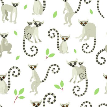 Seamless pattern with lemurs on a white background. Exotic cute animals of madagascar and africa. Vector illustration in flat style