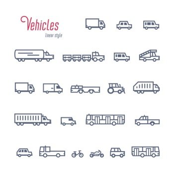 linear Car icons set, Various types of cars and vehicles. Outline style vector illustration on white background. linear Car icons set, Various types of cars and vehicles. Outline style vector illustration on white background.