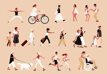 Crowd of tiny people. Outdoor activities. Group of male and female cartoon characters walking, dancing, running, doing yoga, cycling. Flat vector illustration.