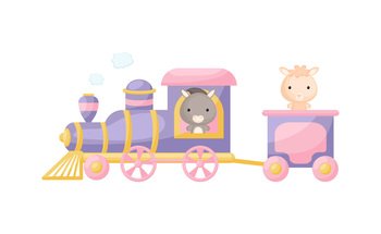 Cute cartoon violet train with donkey driver and alpaca on waggon on white background. Design for childrens book, greeting card, baby shower, party invitation, wall decor. Vector illustration.