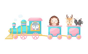 Cute cartoon turquoise train with woodland animals on white background. Design for childrens book, greeting card, baby shower, party invitation, wall decor. Vector illustration.